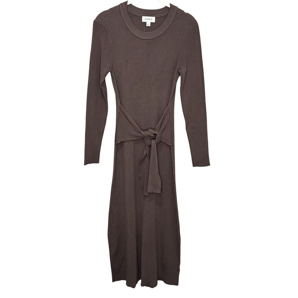 Evereve Dress Womens Small Brown Ribbed Knit Tie Waist Long Sleeve Midi Sweater